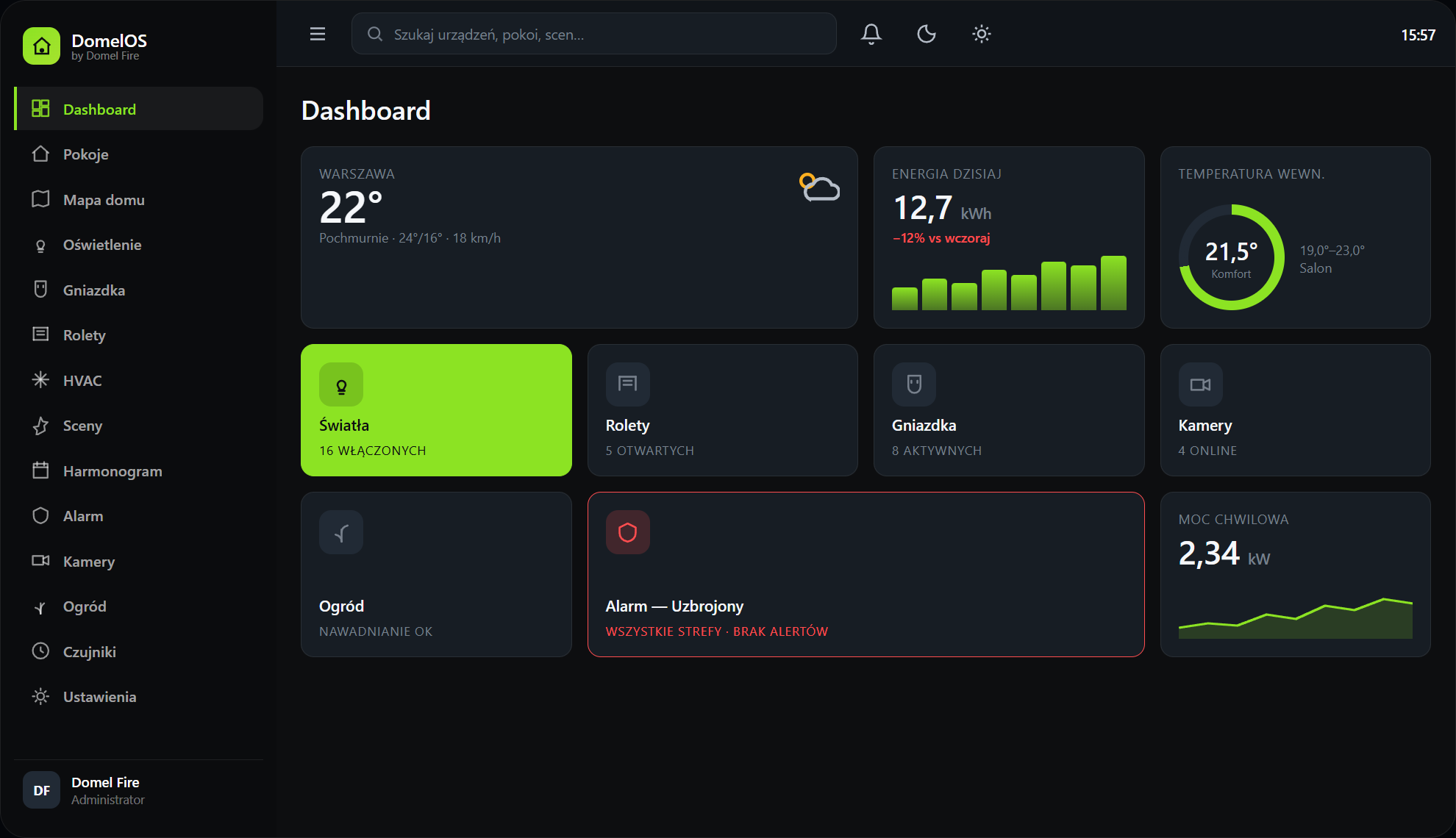 Panel DomelOS Home — dashboard aplikacji inteligentnego domu